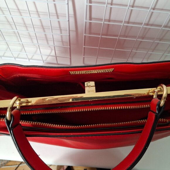 Bright Red Aldo Top Handle Structured Purse, Vegan Leather, Goldtone Hardware - Picture 5 of 16
